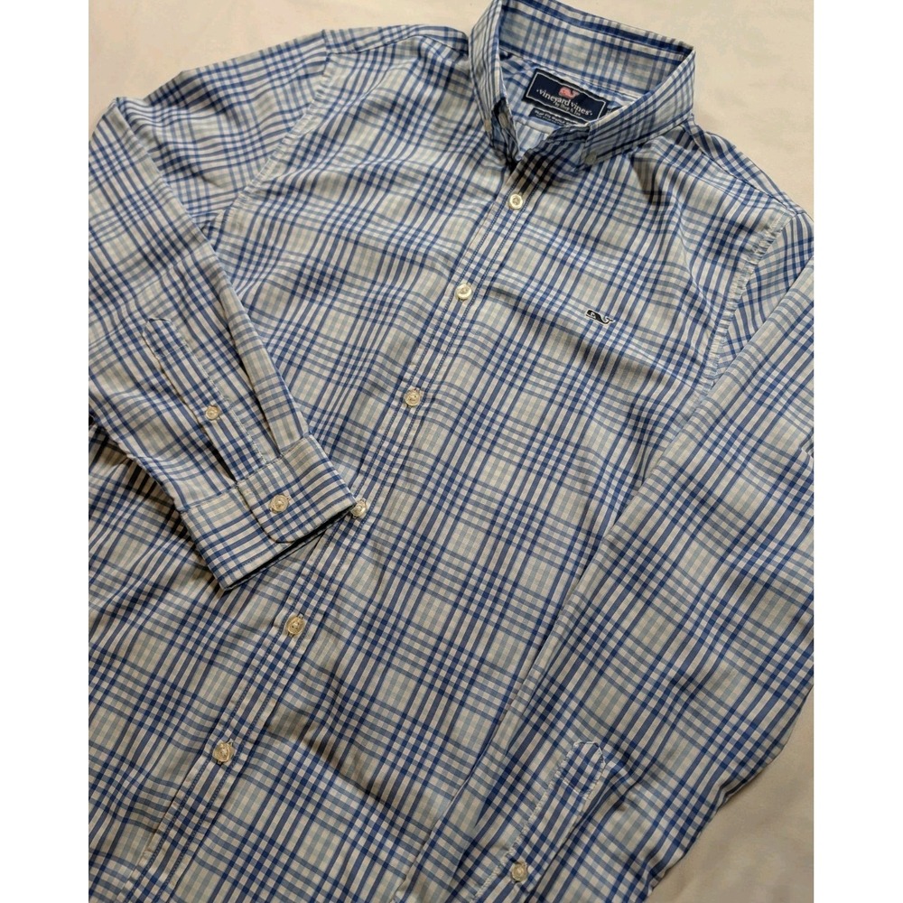 Vineyard Vines Shirt Men's Med Blue Plaid Slim Fit‎ Whale Shirt L/S Performance
